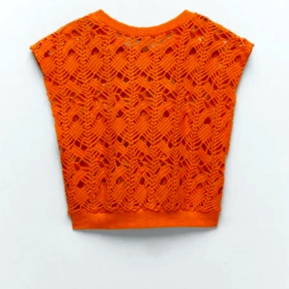 Zara NWT Crochet Knit Sleeveless Top in Orange Size Large New With Tags